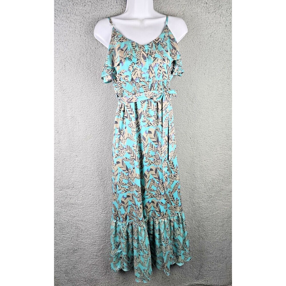 MM Couture Maxi Dress Large Jade Green Feather Ruffle Smocked Waist Boho Trendy